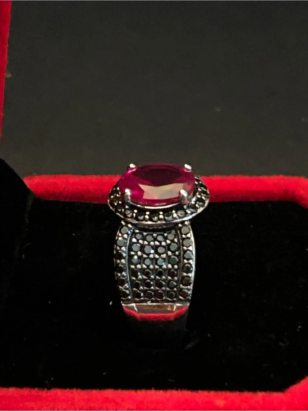 2.55CT Oval Lab Created Ruby & 2.40CT Round Black Spinel Halo 925 SSilver Ring